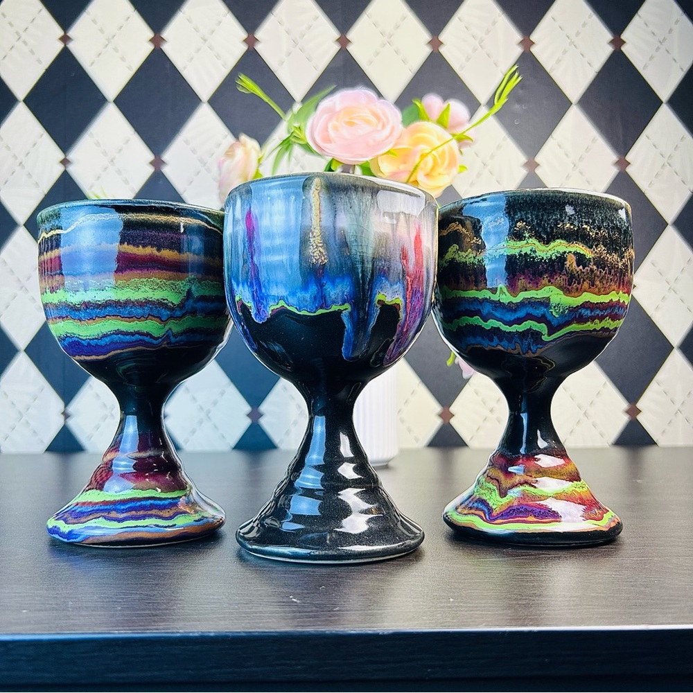Studio Pottery Goblets Stoneware| Signed D. Lesser Set of 3, Tie & Dye‎ Organic